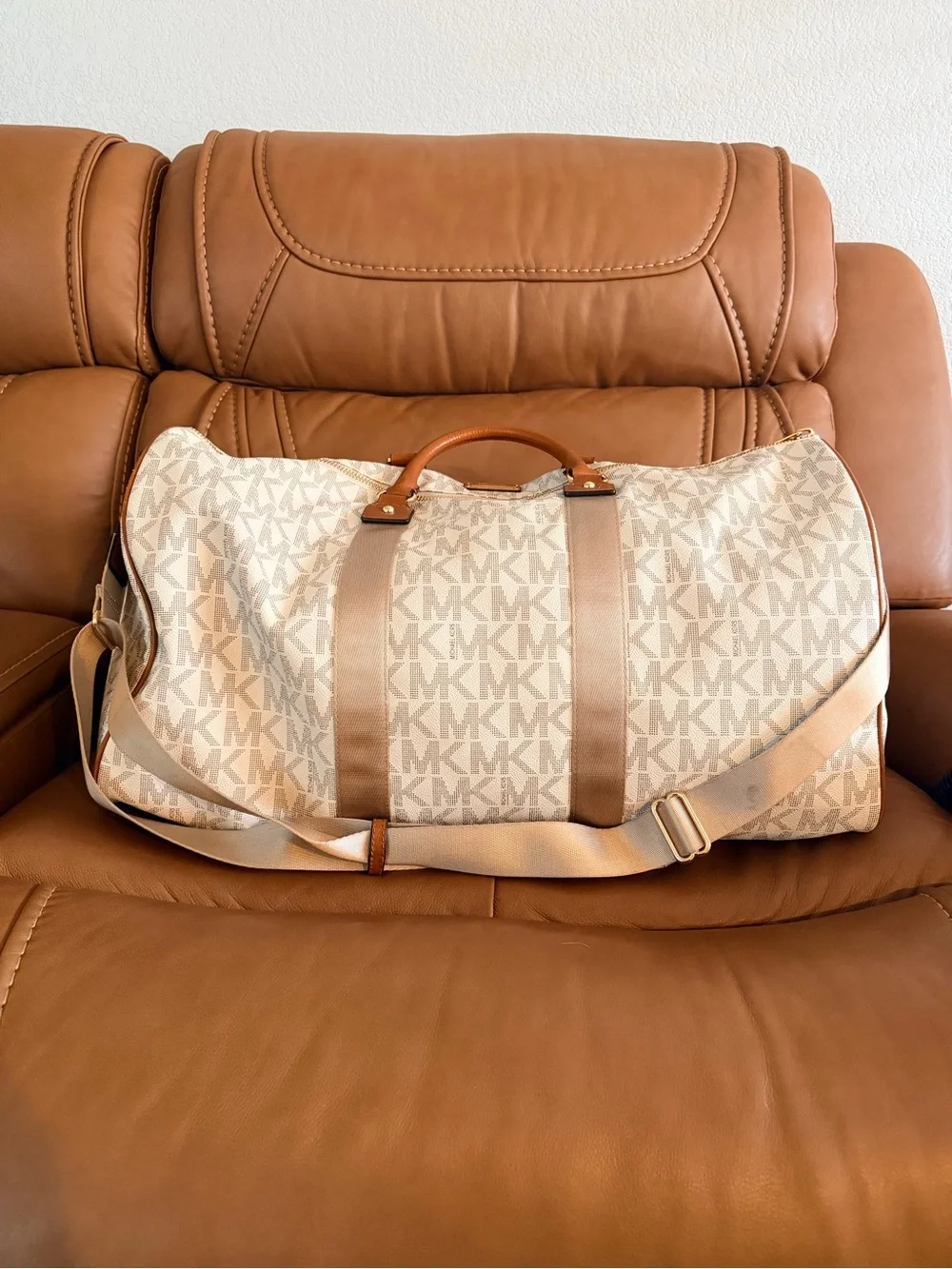 Michael Kors Cream and Brown Monogram Travel Duffel